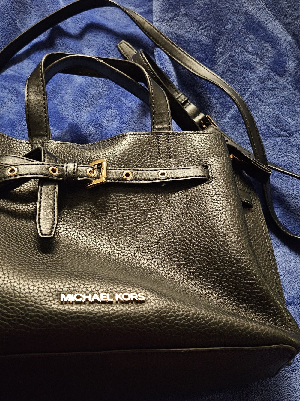 Michael Kors Black Pebbled Leather Shoulder Bag with Gold Hardware